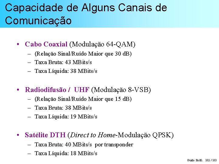 Capacidade de Alguns Canais de Comunicação • Cabo Coaxial (Modulação 64 -QAM) – (Relação