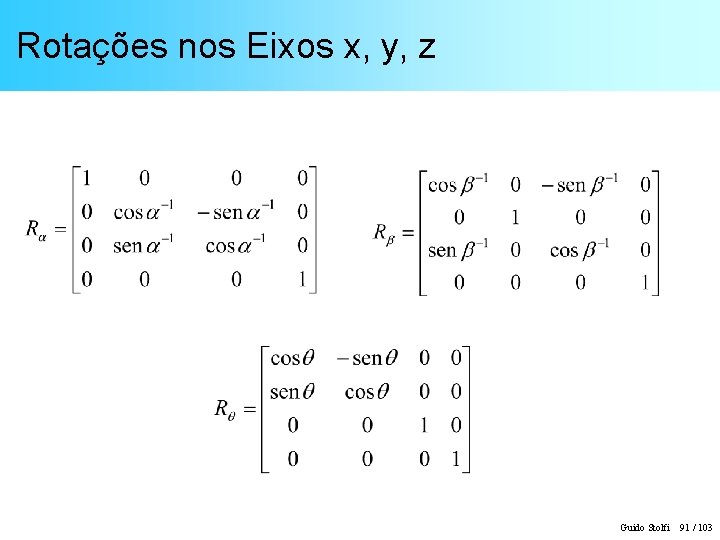 Rotações nos Eixos x, y, z Guido Stolfi 91 / 103 