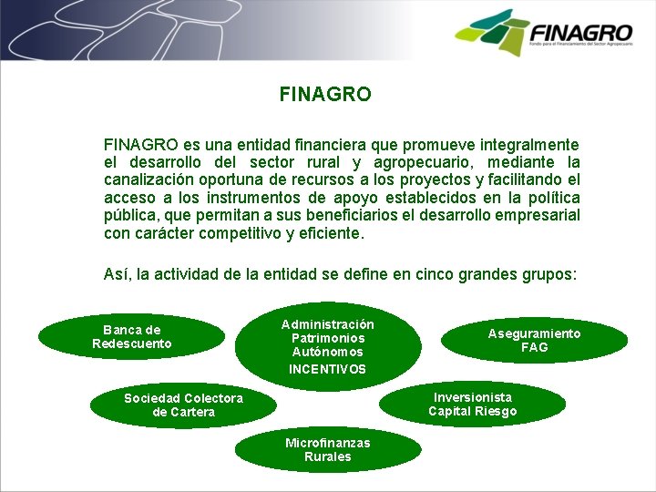 FINAGRO es una entidad financiera que promueve integralmente el desarrollo del sector rural y