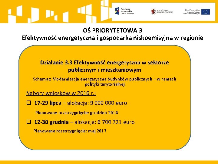 OŚ PRIORYTETOWA 3 Efektywność energetyczna i gospodarka niskoemisyjna w regionie Działanie 3. 3 Efektywność