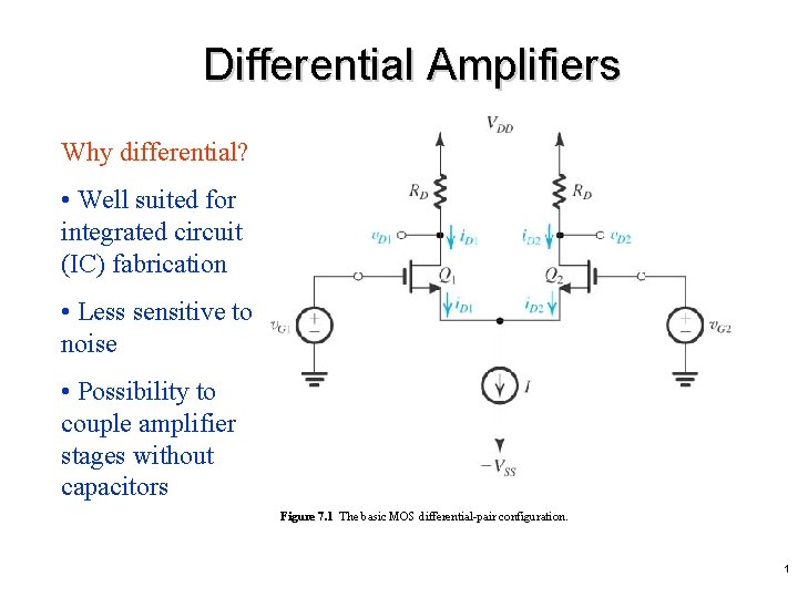 Differential Amplifiers Why differential? • Well suited for integrated circuit (IC) fabrication • Less