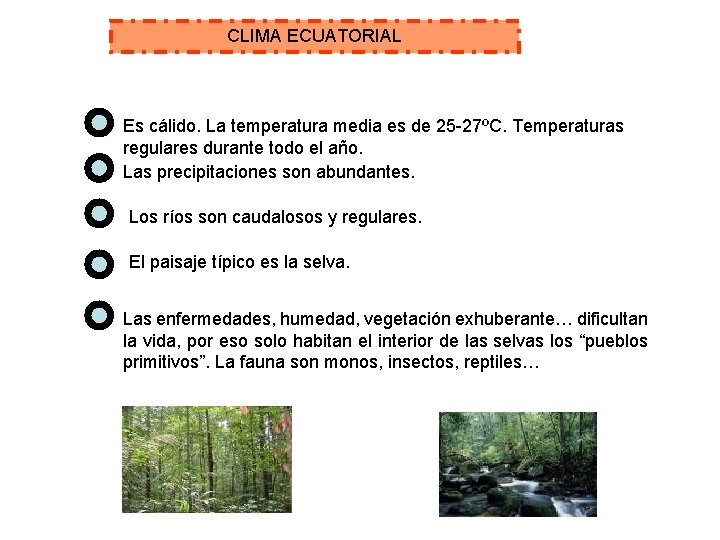 CLIMA ECUATORIAL Es cálido. La temperatura media es de 25 -27ºC. Temperaturas regulares durante