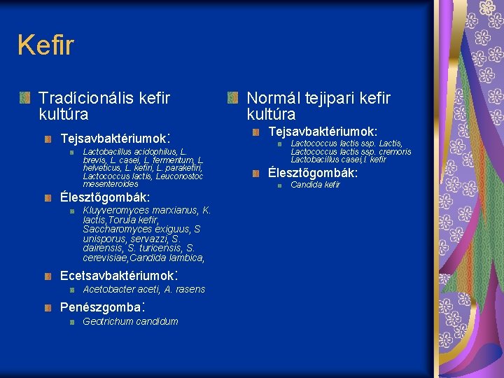 Kefir Tradícionális kefir kultúra Tejsavbaktériumok: Lactobacillus acidophilus, L. brevis, L. casei, L. fermentum, L.