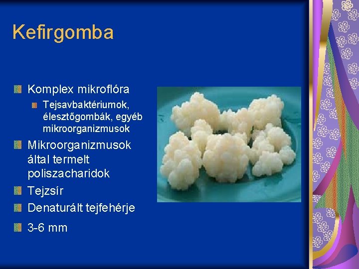 Kefirgomba Komplex mikroflóra Tejsavbaktériumok, élesztőgombák, egyéb mikroorganizmusok Mikroorganizmusok által termelt poliszacharidok Tejzsír Denaturált tejfehérje
