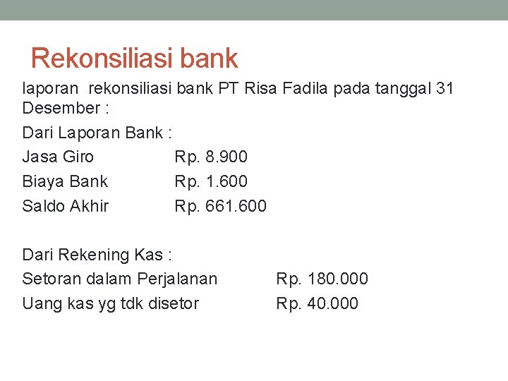 Rekonsiliasi bank laporan rekonsiliasi bank PT Risa Fadila pada tanggal 31 Desember : Dari