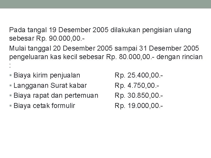 Pada tangal 19 Desember 2005 dilakukan pengisian ulang sebesar Rp. 90. 000, 00. Mulai