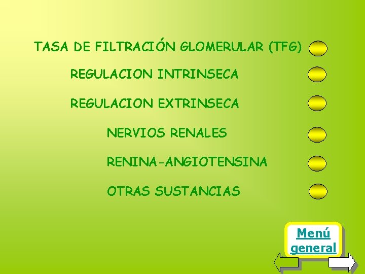 TASA DE FILTRACIÓN GLOMERULAR (TFG) REGULACION INTRINSECA REGULACION EXTRINSECA NERVIOS RENALES RENINA-ANGIOTENSINA OTRAS SUSTANCIAS TASA DE FILTRACIÓN GLOMERULAR (TFG) REGULACION INTRINSECA REGULACION EXTRINSECA NERVIOS RENALES RENINA-ANGIOTENSINA OTRAS SUSTANCIAS