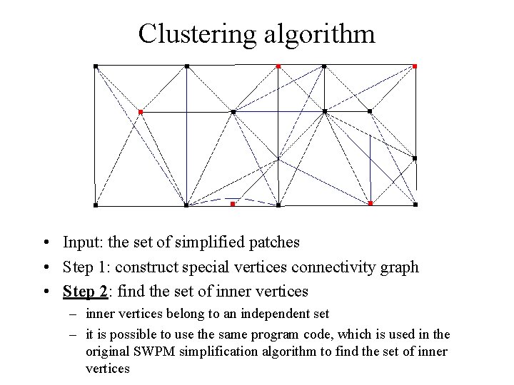 Clustering algorithm • Input: the set of simplified patches • Step 1: construct special