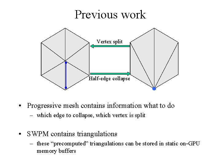 Previous work Vertex split Half-edge collapse • Progressive mesh contains information what to do