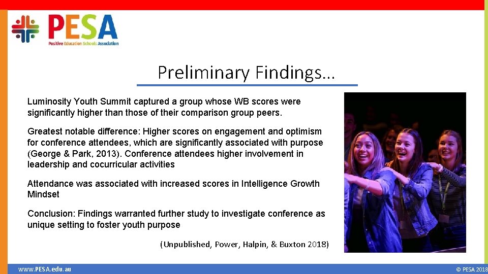 Preliminary Findings… Luminosity Youth Summit captured a group whose WB scores were significantly higher