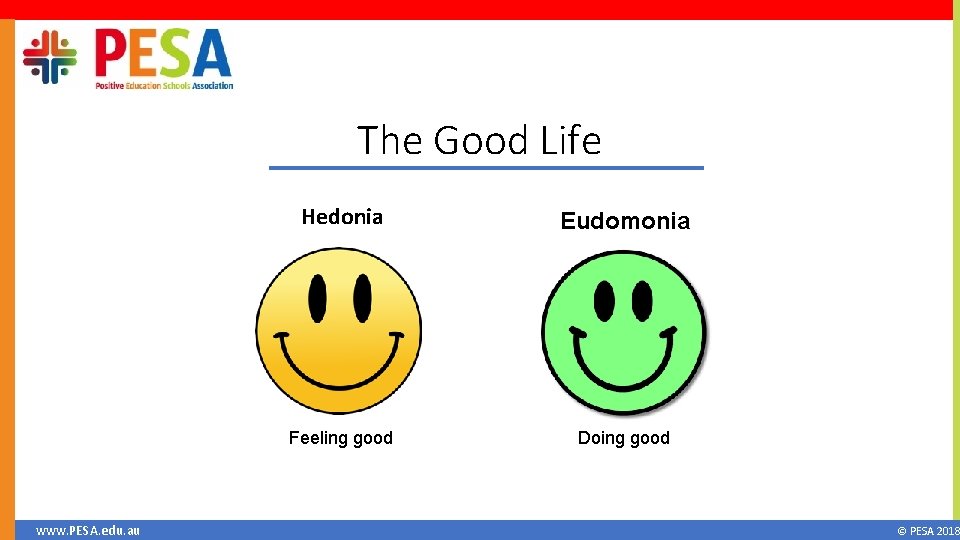 The Good Life www. PESA. edu. au Hedonia Eudomonia Feeling good Doing good ©