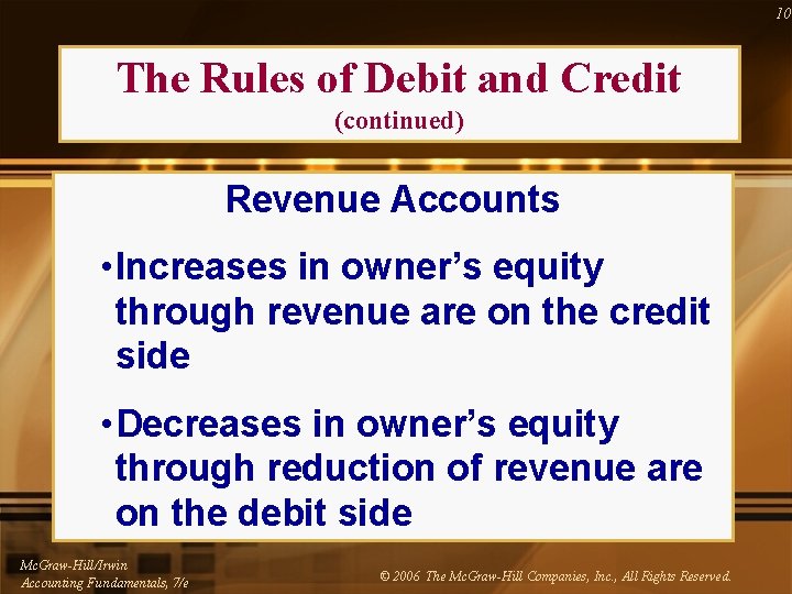 10 The Rules of Debit and Credit (continued) Revenue Accounts • Increases in owner’s