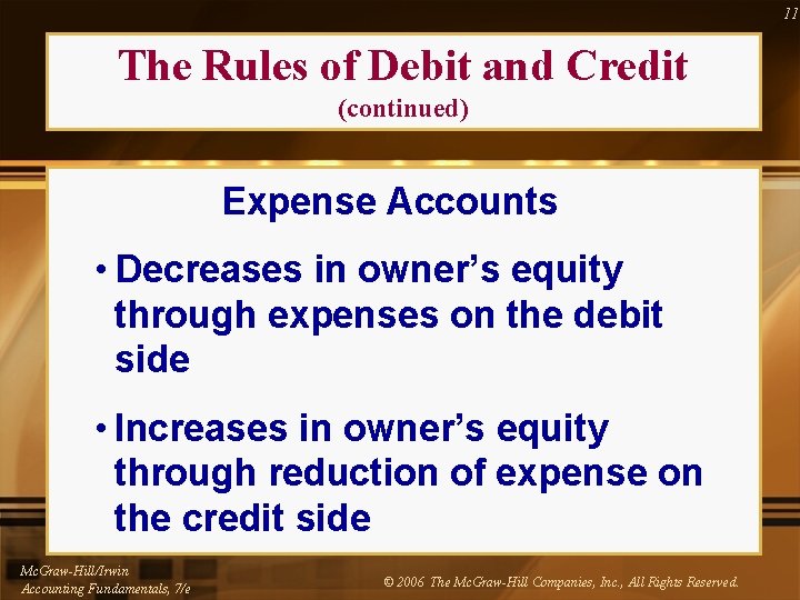 11 The Rules of Debit and Credit (continued) Expense Accounts • Decreases in owner’s