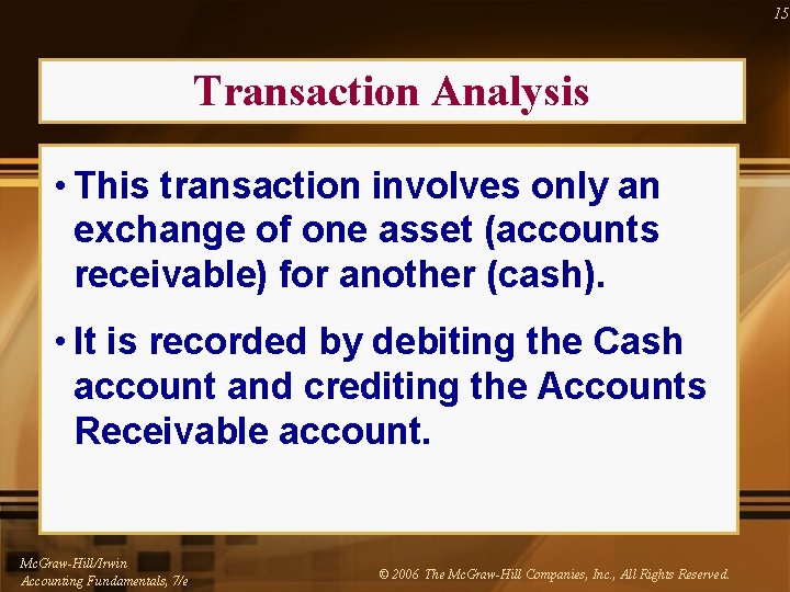 15 Transaction Analysis • This transaction involves only an exchange of one asset (accounts