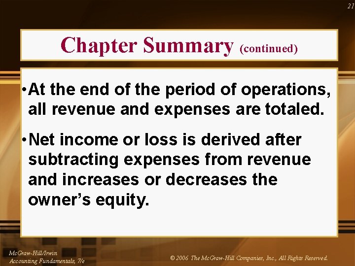 21 Chapter Summary (continued) • At the end of the period of operations, all