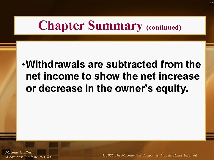 22 Chapter Summary (continued) • Withdrawals are subtracted from the net income to show