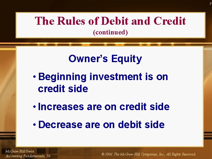 9 The Rules of Debit and Credit (continued) Owner’s Equity • Beginning investment is