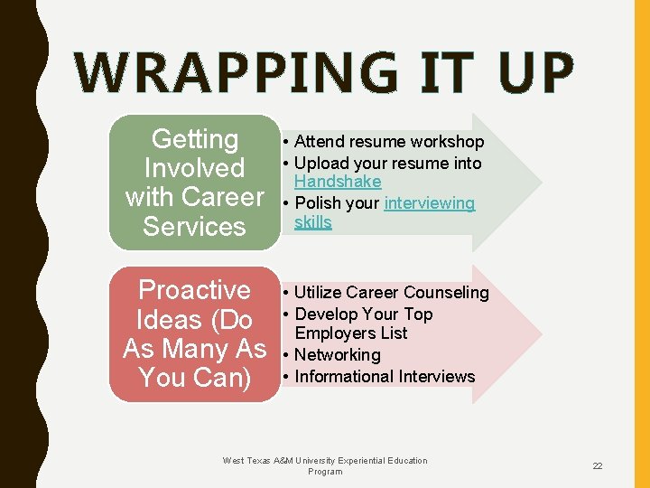 WRAPPING IT UP Getting Involved with Career Services • Attend resume workshop • Upload