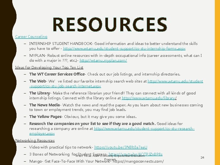  • Career Counseling RESOURCES – INTERNSHIP STUDENT HANDBOOK- Good information and ideas to