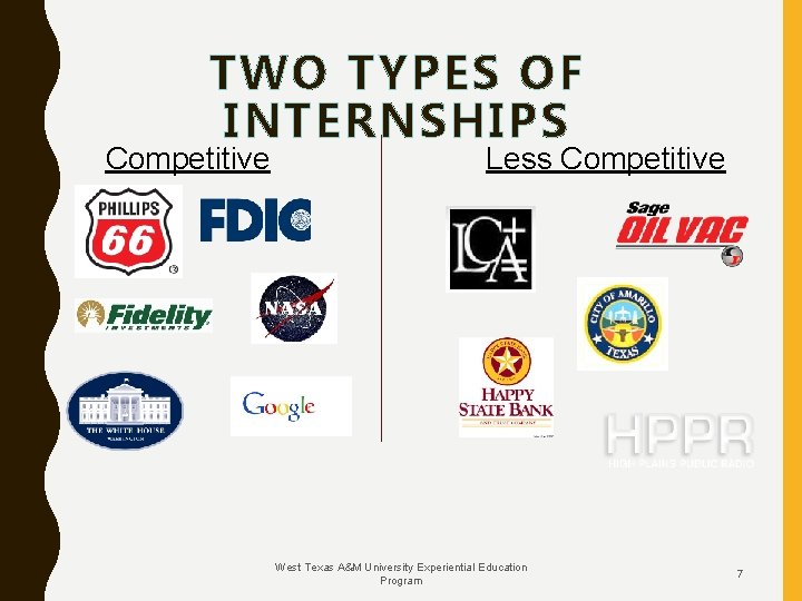 TWO TYPES OF INTERNSHIPS Competitive Less Competitive West Texas A&M University Experiential Education Program