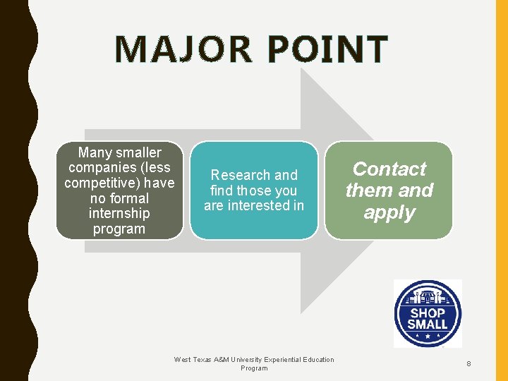 MAJOR POINT Many smaller companies (less competitive) have no formal internship program Research and
