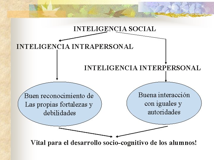 INTELIGENCIA SOCIAL INTELIGENCIA INTRAPERSONAL INTELIGENCIA INTERPERSONAL Buen reconocimiento de Las propias fortalezas y debilidades