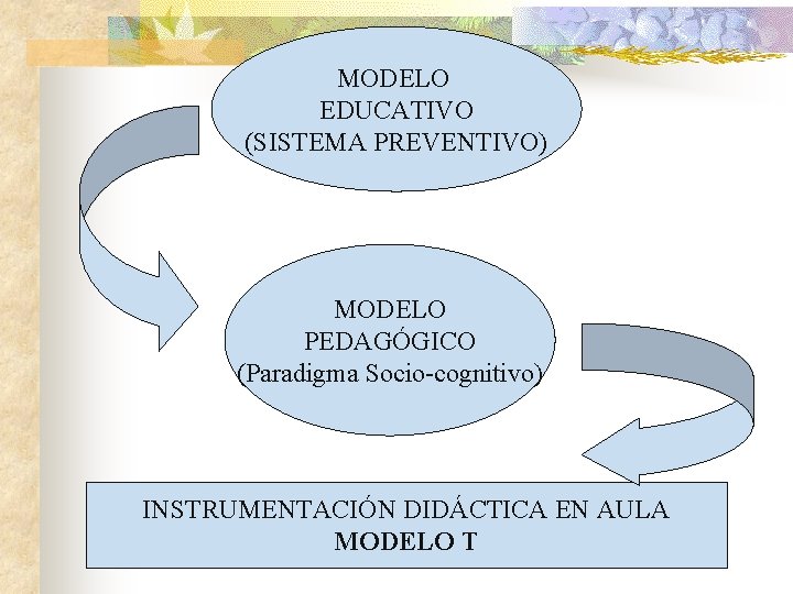 MODELO EDUCATIVO (SISTEMA PREVENTIVO) MODELO PEDAGÓGICO (Paradigma Socio-cognitivo) INSTRUMENTACIÓN DIDÁCTICA EN AULA MODELO T