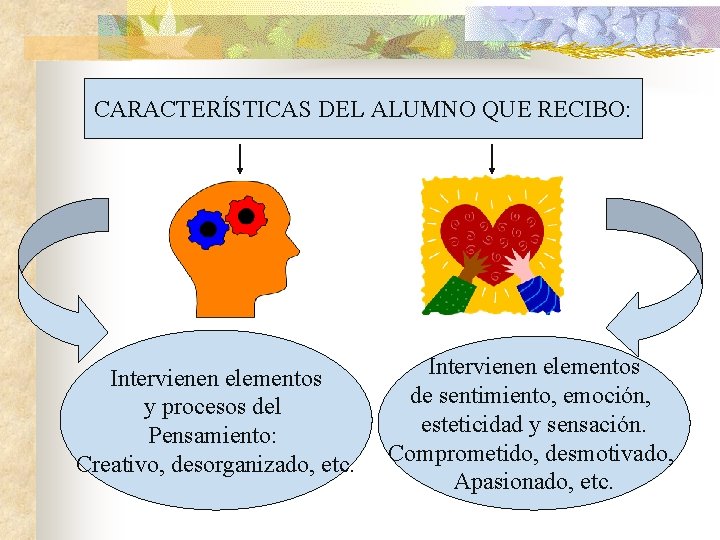 CARACTERÍSTICAS DEL ALUMNO QUE RECIBO: Intervienen elementos y procesos del Pensamiento: Creativo, desorganizado, etc.