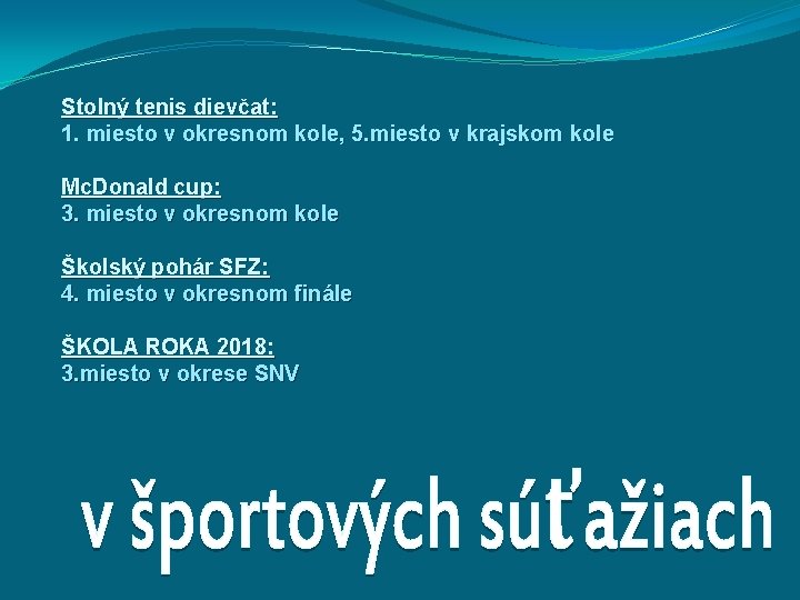 Stolný tenis dievčat: 1. miesto v okresnom kole, 5. miesto v krajskom kole Mc.