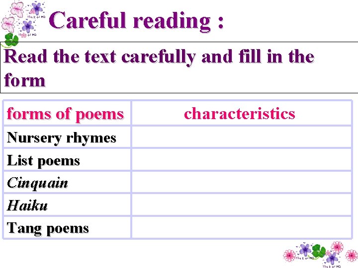Careful reading : Read the text carefully and fill in the forms of poems
