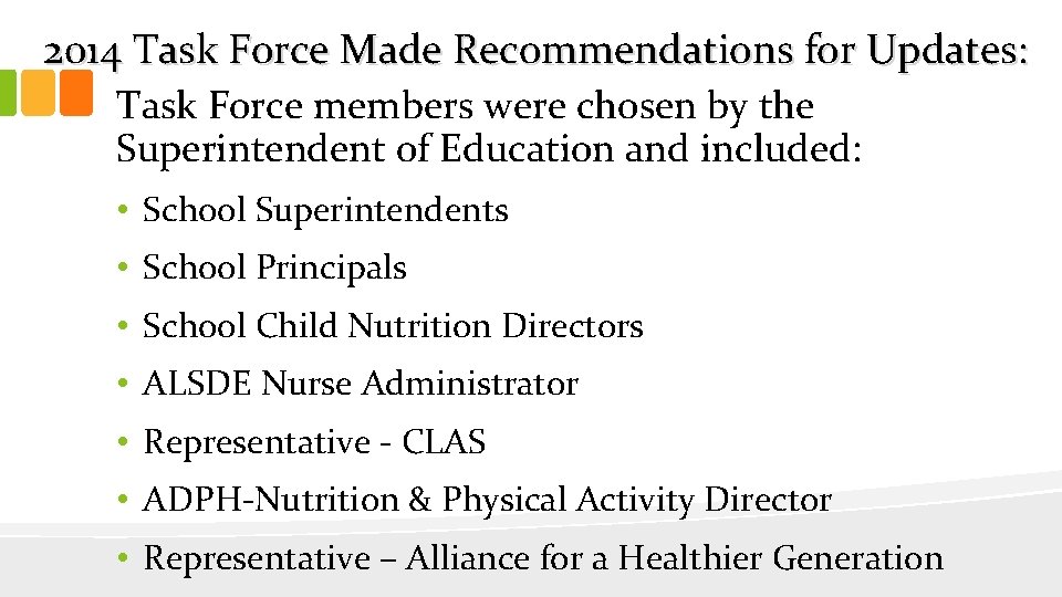 2014 Task Force Made Recommendations for Updates: Task Force members were chosen by the