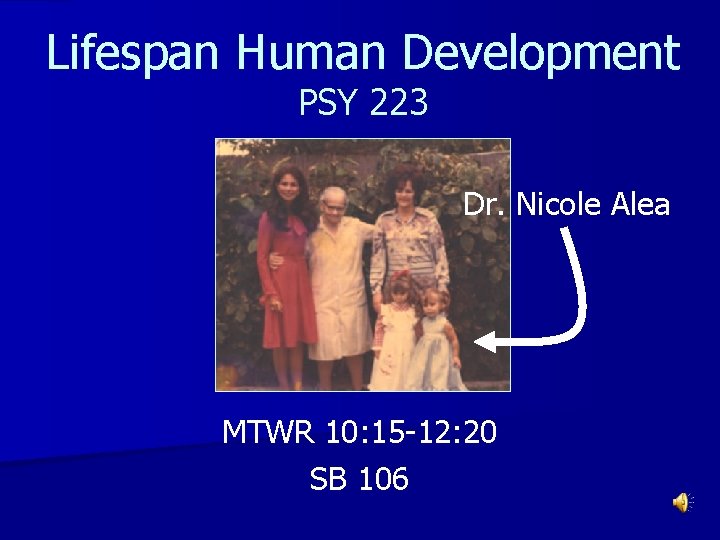 Lifespan Human Development PSY 223 Dr. Nicole Alea MTWR 10: 15 -12: 20 SB