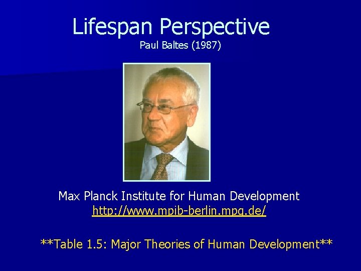 Lifespan Perspective Paul Baltes (1987) Max Planck Institute for Human Development http: //www. mpib-berlin.