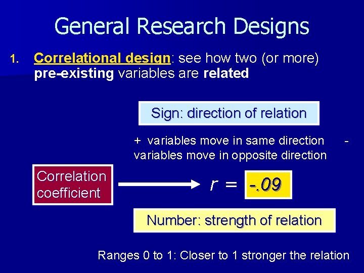 General Research Designs 1. Correlational design: see how two (or more) pre-existing variables are