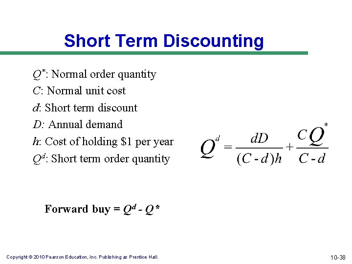 Short Term Discounting Q*: Normal order quantity C: Normal unit cost d: Short term