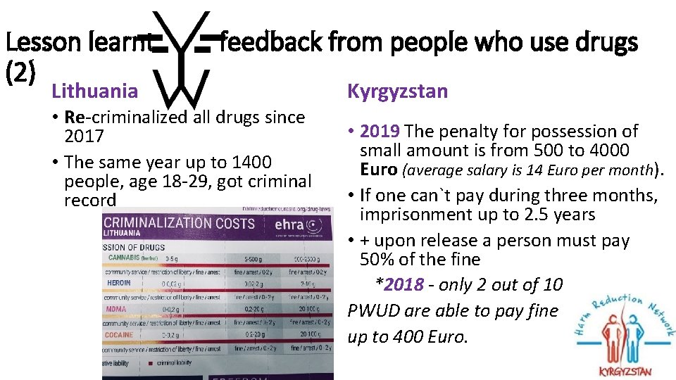 Lesson learnt (2) feedback from people who use drugs Lithuania • Re-criminalized all drugs