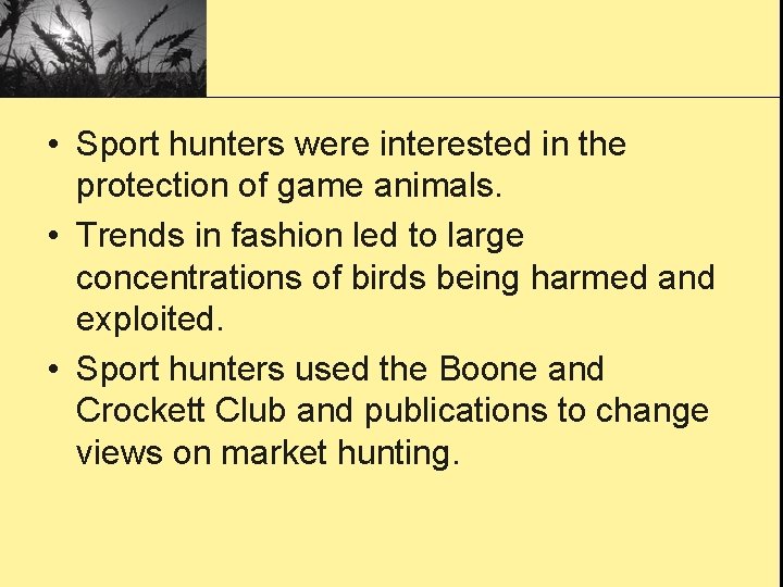  • Sport hunters were interested in the protection of game animals. • Trends