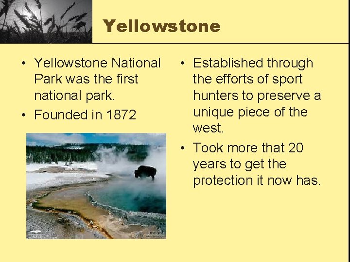 Yellowstone • Yellowstone National Park was the first national park. • Founded in 1872