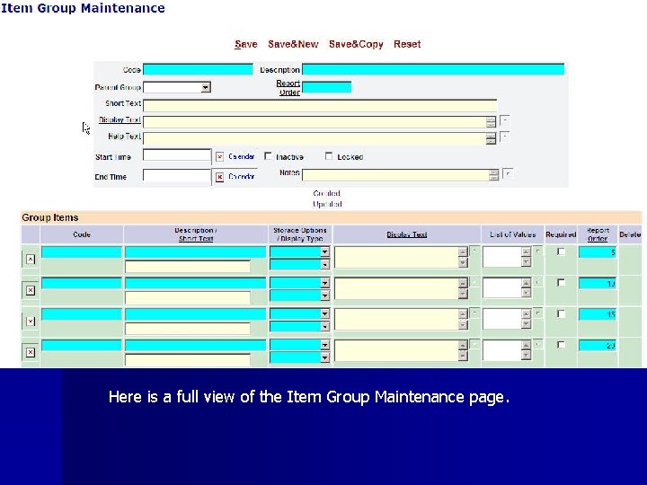 Here is a full view of the Item Group Maintenance page. 