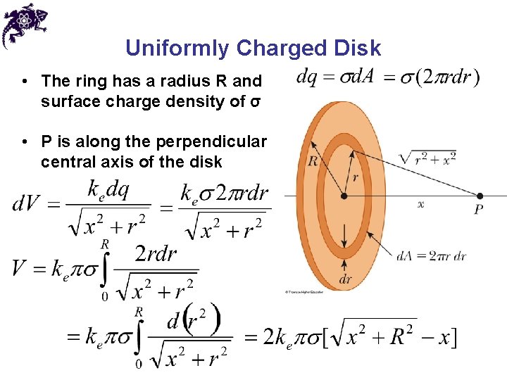 Uniformly Charged Disk • The ring has a radius R and surface charge density