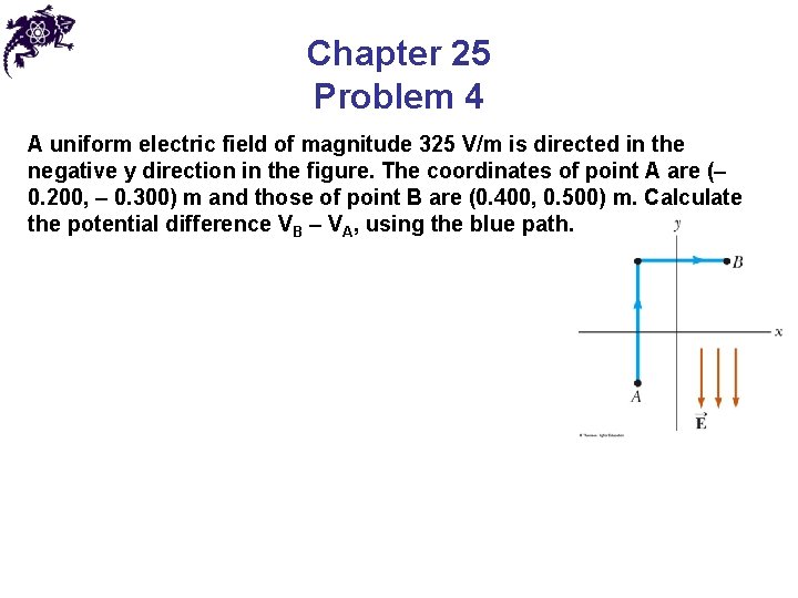 Chapter 25 Problem 4 A uniform electric field of magnitude 325 V/m is directed