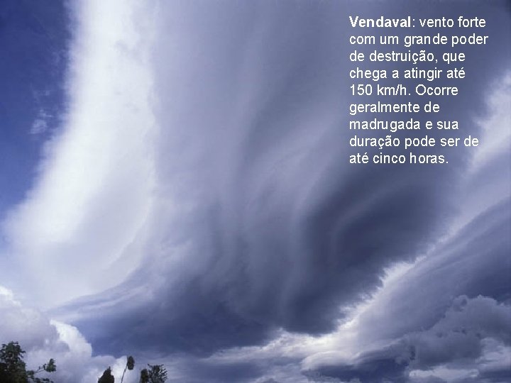 Vendaval: vento forte com um grande poder de destruição, que chega a atingir até Vendaval: vento forte com um grande poder de destruição, que chega a atingir até