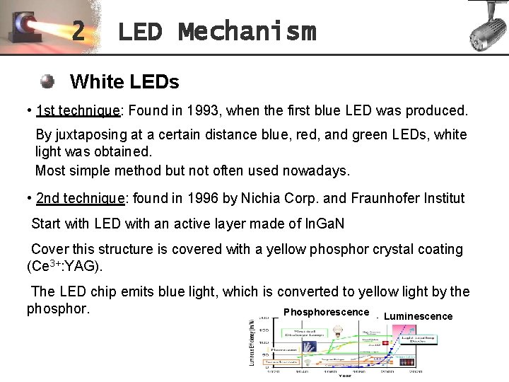 2 LED Mechanism White LEDs • 1 st technique: Found in 1993, when the