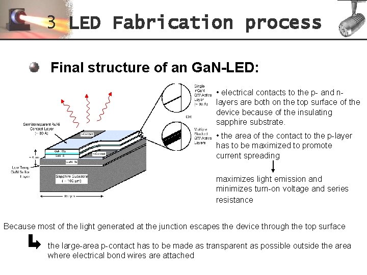 3 LED Fabrication process Final structure of an Ga. N-LED: • electrical contacts to