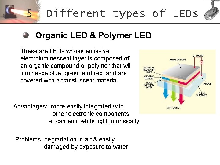 5 Different types of LEDs Organic LED & Polymer LED These are LEDs whose