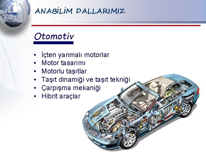 ANABİLİM DALLARIMIZ Otomotiv • • • İçten yanmalı motorlar Motor tasarımı Motorlu taşıtlar Taşıt