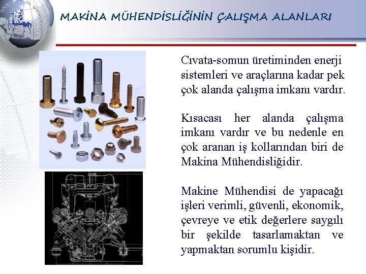 MAKİNA MÜHENDİSLİĞİNİN ÇALIŞMA ALANLARI Cıvata-somun üretiminden enerji sistemleri ve araçlarına kadar pek çok alanda