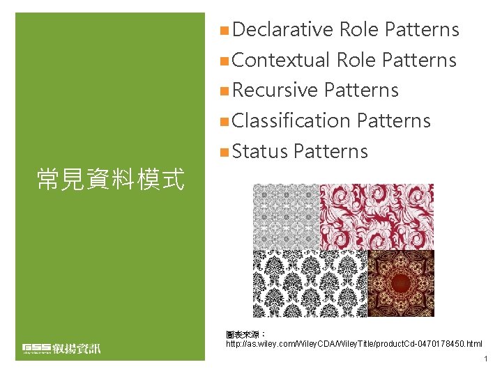 n Declarative Role Patterns n Contextual Role Patterns n Recursive Patterns n Classification 常見資料模式