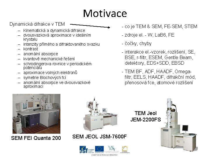 Motivace Dynamická difrakce v TEM – Kinematická a dynamická difrakce – dvousvazková aproximace v