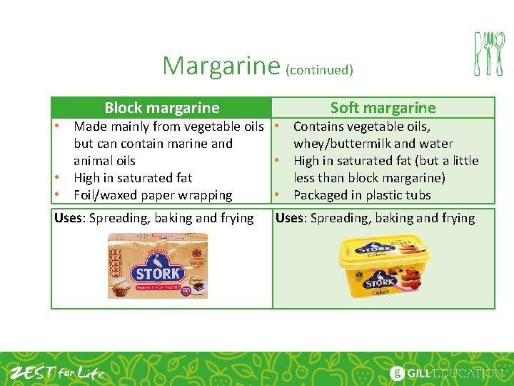 Margarine (continued) Block margarine Soft margarine • Made mainly from vegetable oils • Contains